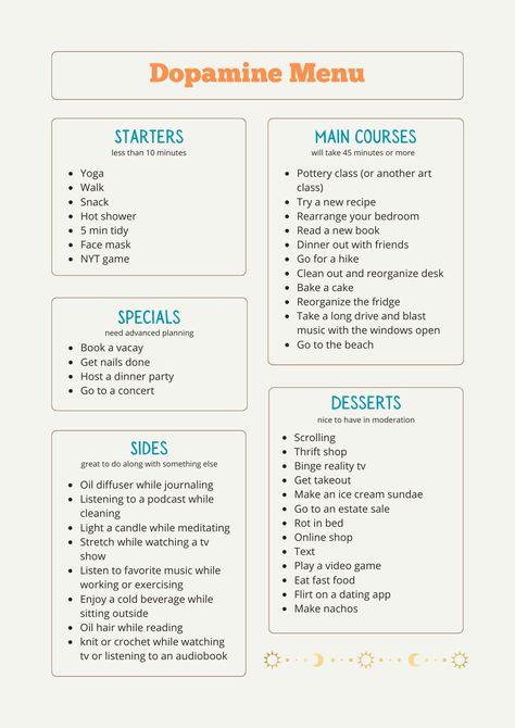 Make Your Own Dopamine Menu - A Thousand Lights Free Dopamine, Dopamine Menu Ideas Aesthetic, Dopamine List Ideas, Dopamine Journal, Hyperfixation Meal, Dopamine Ideas, Dopamine Menu Ideas Journal, Dopamine Menu Journal, Dopamine Menu Morning Routine