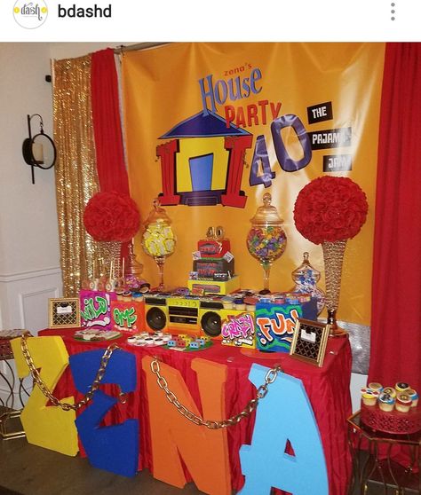 90s Theme 40th House Birthday Party Dessert Table and Decor 90s Graduation Party, House Party Themed Party, Black 90s Party, 90s Theme Pajama Party, House Party Pajama Jam Theme, 90s Theme 40th Birthday Party, 90s Theme Table Setting, House Party Themed Party 90s, House Party Themes