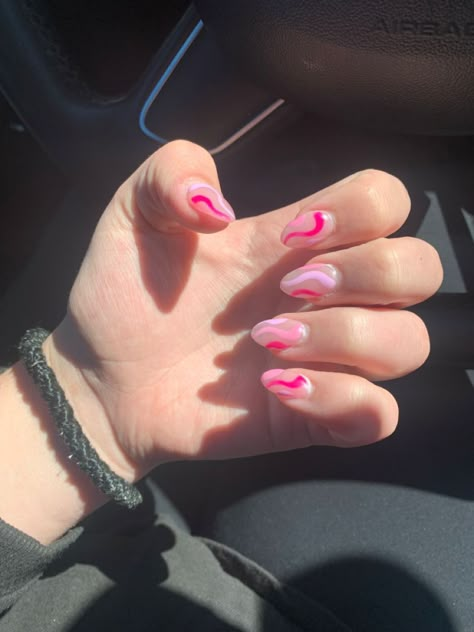 Hot pink nail design. Doodle lines designs. Pink and purples Pink Nails Line Design, Pink Nails With Lines Design, Nails To Go With Hot Pink Dress, Pink Lines Nails, Prom Nails Hot Pink, Nails For Hot Pink Dress, Pink Line Nails, Short Hot Pink Nails With Design, Hot Pink Hoco Nails