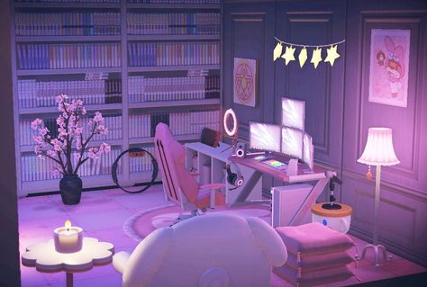 Acnh gaming area, streaming area, acnh inspo Acnh Gaming Room, Gamer Bedroom Ideas, Pink Setup, Decorate House, Gaming Bedroom, Gamer Bedroom, Solar Punk, Ac New Leaf, Happy Home Designer