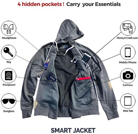 Unisex Travel Hoodie with 4 Secret Hidden Pockets, Smart Jacket for 100% Pickpocket and Loss Proof Holiday Tour (Heather-Gray, Small) at Amazon Men’s Clothing store Securing Or Storing Personal Possessions, Hidden Pockets Clothing Travel, Inside Pocket Jacket, Hidden Pockets Clothing, Airport Essentials, Dancing Photoshoot, Travel Hoodie, Smart Jackets, Classy Gowns