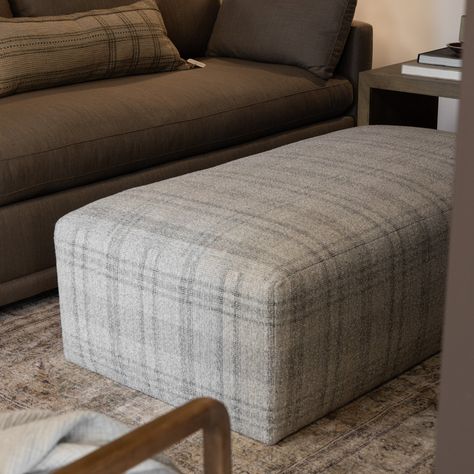 Handmade to order, this ottoman offers various customization options for a piece that perfectly suits your space. Diverse fabric range available including performance options to withstand spills, stains and high-traffic use. Best paired with our Chloé Cocktail Table. 54.0"L x 29.0"W x 18.0"H Plaid Ottoman Living Room, Studio Mcgee Ottoman, Farmhouse Ottoman Coffee Table, Ottoman Coffee Table Styling, Ottoman Decor Living Room, Upholstered Coffee Table Ottoman, Plaid Ottoman, Farmhouse Ottoman, Ottoman As Coffee Table