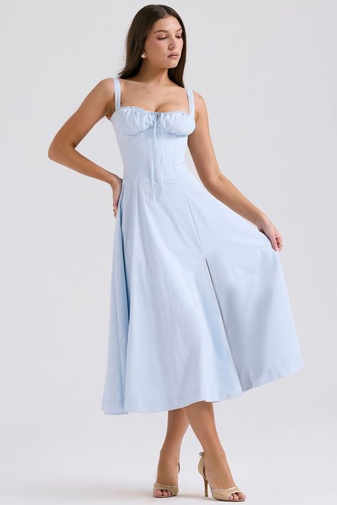 Clothing : Midi Dresses : 'Carmen' Soft Blue Cotton Bustier Sundress Summer French Style, Suspenders Dress, Floral Print Dress Summer, Y2k Dresses, Dress Women Elegant, Wrap Midi Dress, Maxi Robes, Sling Dress, Suspender Dress