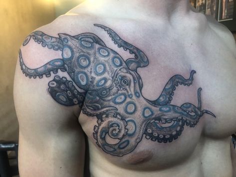 Blue Ringed Octopus by Aaron Riddle at 27 Tattoo Studio Blue Ring Octopus Tattoo, Multiple Small Tattoos, Blue Ringed Octopus Tattoo, Kandi Steiner, Blue Ringed Octopus, Ocean Sleeve Tattoos, Ringed Octopus, 27 Tattoo, Ocean Sleeve