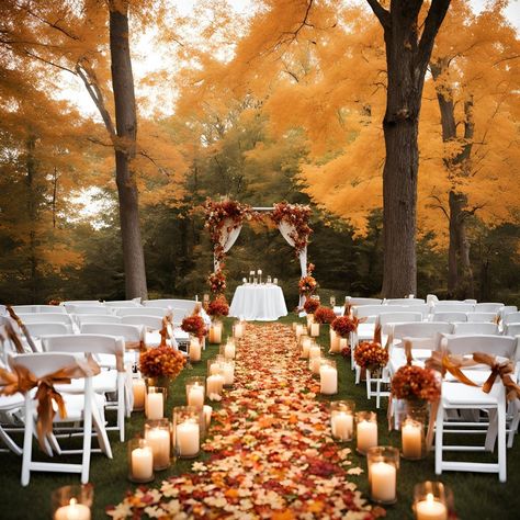 Beautiful Outdoor Wedding Ideas For Fall - The Lottery Hub Fall Wedding Arbor Outdoor Ceremony, Outdoor Ceremony Decorations Fall, Fall Venues Wedding Ideas, Fall Boho Outdoor Wedding, Fall Outdoor Wedding Aisle, October Outside Wedding Ideas, Fall Pergola Decorations Wedding, Fall Wedding After Party, Outside Fall Wedding Ceremony