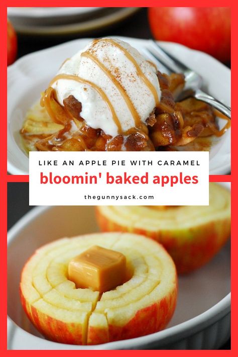 Apples With Caramel Inside, Baked Apple With Caramel, Bloomin Apple Recipe, Apple With Caramel, Bloomin Apples, Blooming Onions, Healthy Apple Desserts, Baked Apple Recipes, Apple Recipe