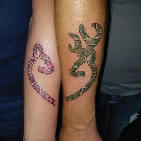 Matching Browning Deer Camo Color Tattoo Idea & Design on Couple Forearm Matching Browning Deer Camo Color Tattoo Done At Couple Tattoos Country, Couples Deer Tattoos, Country Couple Tattoos, Camo Tattoo, Browning Deer, Deer Tattoo, Ace Card, Country Couples, Card Tattoo