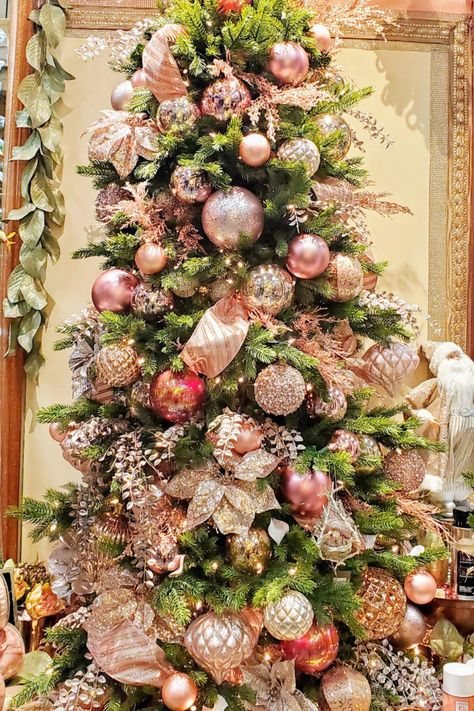 Gorgeous Christmas Tree Ideas - Nestorations | San Diego Interior Design Champagne Christmas Tree, Pink Christmas Tree Decorations, Victorian Christmas Tree, Champagne Christmas, Flocked Christmas Trees Decorated, Christmas Tree Decorating Themes, Elegant Christmas Trees, Pink Christmas Decorations, Christmas Tree Inspiration