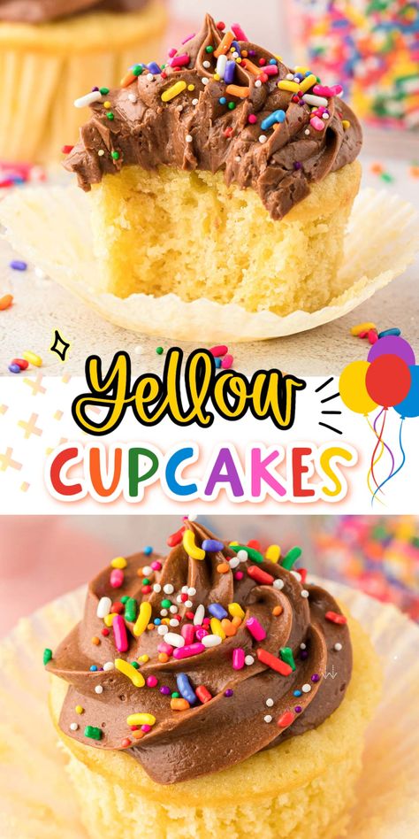 This Moist Yellow Cupcake Recipe creates over two dozen bakery-level treats in your own kitchen that everyone will devour in record time! Bakery Style Yellow Cake Recipe, Dozen Cupcake Recipe, Yellow Cupcakes From Box Cake Mixes, Yellow Cake Mix Cupcakes, Yellow Cupcake Recipe, Moist Yellow Cupcake Recipe, Yellow Cake Cupcakes, Yellow Butter Cake, Moist Vanilla Cupcakes