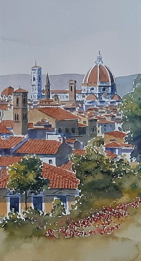 Italy, Florence, Il Pittore and Pizzale Michelangelo Landscape Original Watercolour Painting - Etsy Italy Sketches, Watercolour Landscape Painting, Italy Florence, Skyline Painting, Travel Sketchbook, Italian Paintings, Watercolour Landscape, Watercolor Architecture, Italy Painting