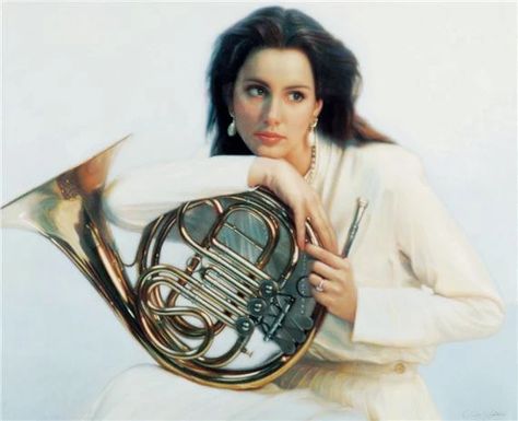 Artwork by Chen Yifei, French Horn No. 1, Made of Oil on canvas French Horn Portrait, Chen Yifei, Anatomy References, Senior Photo Poses, French Horn, Grad Pics, Grad Photos, Senior Photo, Anatomy Reference