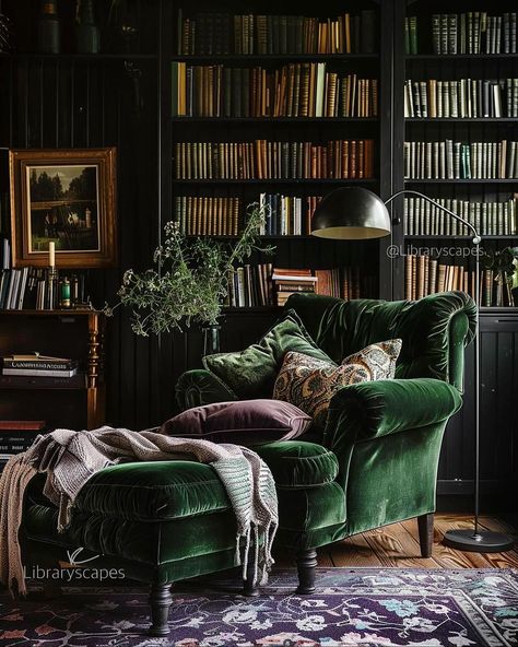 Instagram (@instagram) • Instagram photos and videos Green Library Room, Cottagecore House Aesthetic, Cottagecore House Interior, Cottagecore Houses, Dark Cottagecore House, Home Library Ideas, Green Library, Cozy Home Library, Cottagecore House