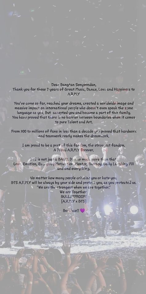 A letter to BTS! forever A.R.M.Y :)) #bts #army #btsarmy #festa #anniversary #7toeternitywithbts #rm #jin #suga #jhope #jimin #v #jungkook Jungkook's Letter To Army, Jungkook Letter To Army, Bts Qoutes For Army, Bts 11th Anniversary Edit Pic, Army Quotes For Bts, Bts10th Anniversary, Bts Message To Army, Letter To Jungkook, Bts Anniversary Edit