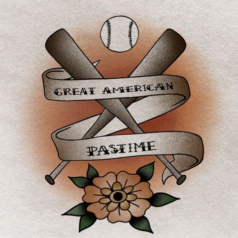 American Traditional Drawing, Baseball Tattoo, Baseball Tattoos, Sport Tattoos, Traditional Drawing, Traditional Style Tattoo, Tattoos With Kids Names, Bat Tattoo, Style Tattoo