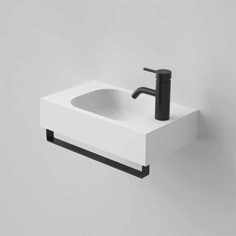 Sunstone 450 Solid Surface Hand Wall Basin Black Towel Rail, Wall Bench, Wall Basin, Small Basin, Small Toilet Room, Small Bathroom Sinks, Washbasin Design, Ladies Room, Downstairs Toilet