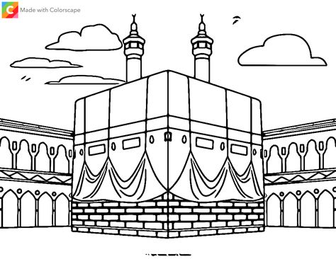 Makka Madeena Drawing, Masjid Drawing, Ka Bah, Printable Islamic Art, Islamic Kids Activities, Ramadan Kids, Shark Coloring Pages, Mosque Art, Islamic Art Canvas