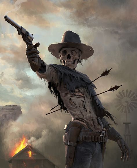 Western Gunslinger Art, Outlaw Tattoo, Indian Skull Tattoos, Cowboy Draw, Cowboy Tattoos, Western Artwork, Western Tattoos, Arte Peculiar, Skeleton Tattoos