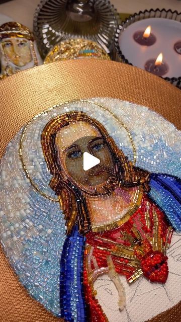 Valeria_Khrystyna on Instagram: "Embroidery of Jesus Christ with beads  #embroidery #religious #jesus #jesuschrist #embroideryart #brooch #religious #christian #handmade #jésuschrist" Jesus Embroidery, Religious Embroidery, Christian Embroidery, Jesus Face, Art And Craft Videos, Embroidery Videos, Craft Videos, Embroidery And Stitching, Embroidery Art