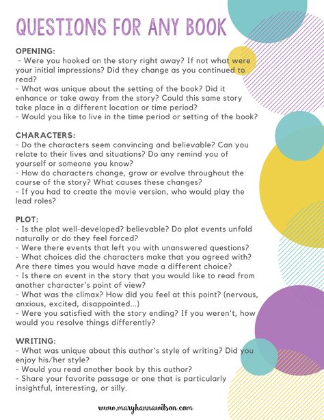 Discussion Questions for Any Book The Nightingale Book, Book Club Discussion Questions, Book Quizzes, Book Club Discussion, Honey Book, Book Club Questions, Movie Lists, High School Reading, Book Review Journal