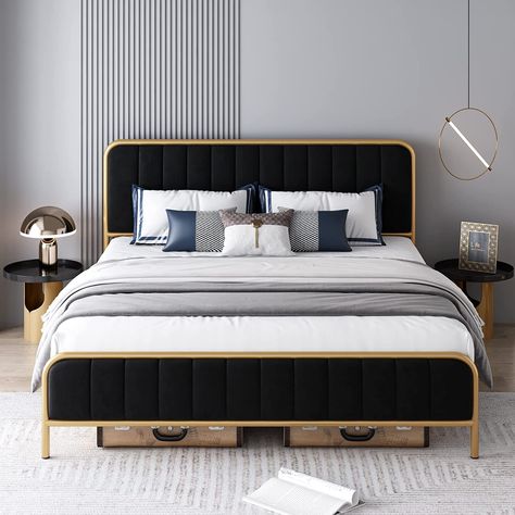 Amazon.com: HITHOS King Size Bed Frame, Upholstered Bed Frame with Button Tufted Headboard, Heavy Duty Metal Mattress Foundation with Wooden Slats, Easy Assembly, No Box Spring Needed (Golden/Black, King) : Home & Kitchen Bed Frame Upholstered, Velvet Bed Frame, Tiny Bath, Cama King Size, Velvet Upholstered Bed, Button Tufted Headboard, Bedroom Redo, Full Size Bed Frame, Velvet Headboard