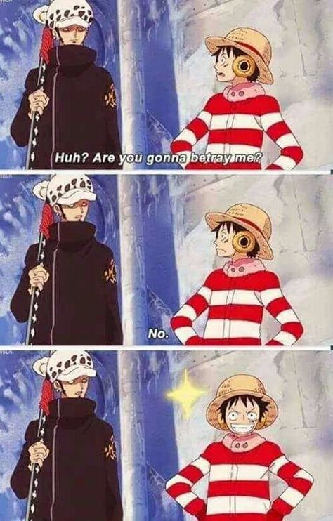 Huh?, are you gonna betray me?, no, funny, text, quote, Law, Luffy, comic; One Piece One Piece Figure, One Piece Cartoon, One Piece Meme, One Piece Cosplay, One Piece Funny, One Peice Anime, One Piece Images, One Piece Comic, One Piece Pictures