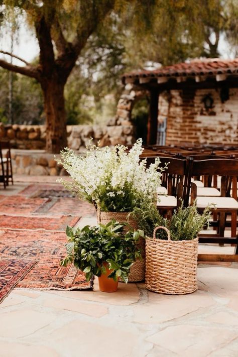 Potted Greenery Wedding, Budget Wedding Floral Ideas, Wedding Ceremony Potted Plants, Potted Plant Ceremony Decor, Potted Plants At Wedding, Basket Flower Wedding, Potted Flowers Wedding Aisle, Potted Plants Wedding Alter, Church Wedding Alter Flowers