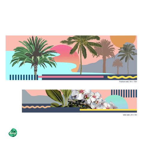 Mural Art Tropical, Beach Murals, Beach Mural Painted Wall, Botanical Mural, Instagram Wall, Beach Mural, Antique Wall Decor, Garden Design Plans, Wall Drawing