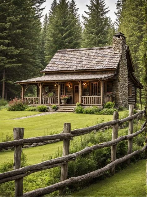 Wooden Cabin Exterior, Log Cabins Exterior, Cottages In The Woods, Farm Cabin, Farm Style House, Stone Cabin, Cabin Fireplace, Small Cottage House Plans, Log Cabin Rustic