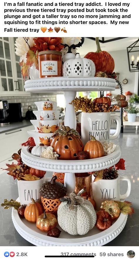 Three Tiered Tray, Fall Tray Decor, Tray Decor Ideas, Fall Tray, Fall Room Decor, Fall Decor Diy Crafts, Fall Tiered Tray Decor, Tiered Tray Diy, Cozy Fall Decor