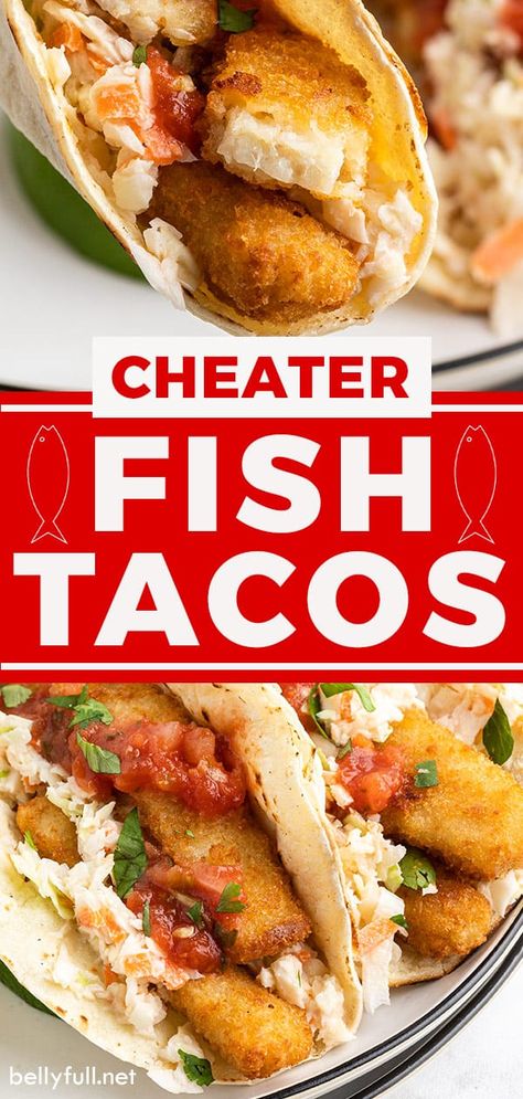 Crispy breaded fish sticks and creamy homemade coleslaw and salsa, sit inside charred corn tortillas for a super easy and yummy meal. These easy fish tacos using frozen fish sticks are a weeknight dinner lifesaver! Easy Fish Tacos With Fish Sticks, Fish Tacos Easy Recipe, Fish Tacos Simple, Recipes For Fish Tacos, Fish Tacos With Frozen Breaded Fish, Easy Fried Fish Tacos, Fish Tacos From Frozen Fish, Fish Tacos Air Fryer Recipes, Fish Tacos With Frozen Fish