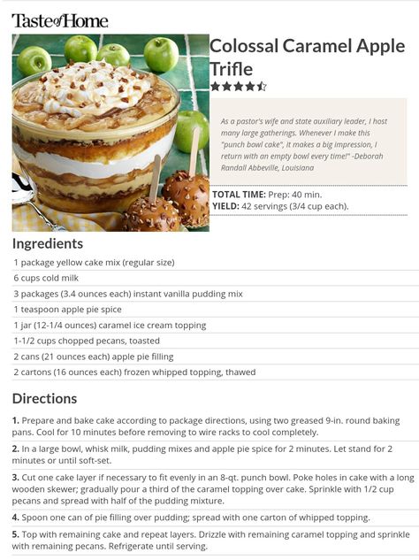 Colossal Caramel Apple Trifle Colossal Caramel Apple Trifle, Carmel Apple Trifles, Caramel Apple Trifle Recipe, Caramel Apple Trifle, Baked Caramel Apples, Trifle Bowl Recipes, Punch Bowl Cake, Apple Party, Trifle Recipes