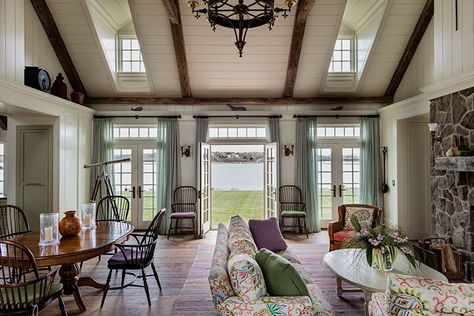 Patrick Ahearn Architect, Patrick Ahearn, Grand Hall, Hgtv Dream Home, Built In Bookcase, Wooden Beams, Waterfront Homes, Low Ceiling, Indoor Outdoor Living