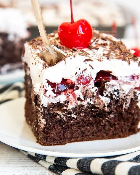 This Black Forest Poke Cake is a rich and delicious chocolate cake, full of hot fudge, and topped with cherries, and whipped cream. It's easy to make, and so delicious - its such a fun twist on a traditional Black Forest Cake. Black Forest Poke Cake, Pudding Tart, Black Forest Cake Recipe, Chocolate Poke Cake, Poke Cake Recipes, Poke Cakes, Tasty Chocolate Cake, Black Forest Cake, Forest Cake