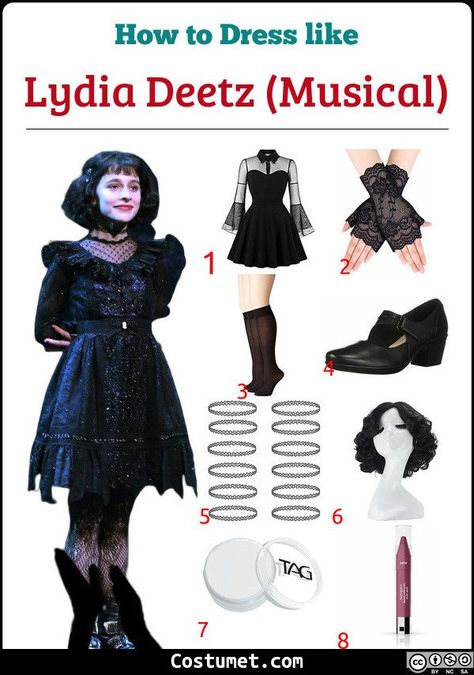 Lydia Deetz musical costume typical goth girl costume. Lydia likes her black dress, black lace gloves, black knee-high socks, and black shoes.            #Beetlejuice #movies #female #Beetlejuice #goth #teen #musical Lydia Deetz Musical, Lydia Beetlejuice Costume, Goth Girl Costume, Beetlejuice Fashion, Beetlejuice Outfits, Lydia Deetz Costume, Lydia Deetz Cosplay, Broadway Outfit, Lydia Beetlejuice