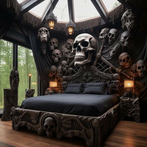 Skull Decor Diy, Skull Bedroom, Skull Furniture, Gothic Homes, Horror Room, Gothic Decor Bedroom, Weird Furniture, Gothic Interior, Gothic Bedroom