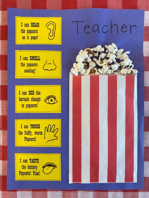 Popcorn Five Senses Preschool, Popcorn Senses Activity, Five Senses Popcorn Activity, My Senses Crafts For Preschool, Five Senses Taste Activities, Preschool Senses Crafts, Five Senses Hearing Activities, Five Senses Lesson Plan, Five Senses Craft