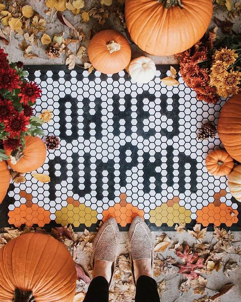 Letterfolk on Instagram: “This scene makes our pumpkin-loving hearts swoon.🧡🍂✨ 📷: @mccoyandco #tilemat #letterfolk” Letterfolk Tile Mat Ideas, Tile Mat Ideas, Letterfolk Tile Mat, Hexie Patterns, Letter Folk, Tile Mat, Mat Ideas, Door Mat Diy, Penny Tile