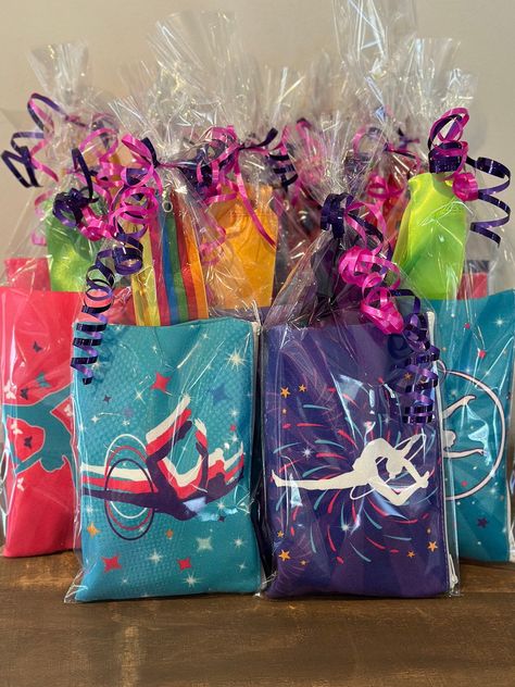 Gymnastics Goodie Bags, Gymnastics Birthday Party Favors, Nut Free Candy, Gymnastics Party Favors, Gymnast Birthday Party, Gymnastics Party, Gymnastics Birthday, Ribbon Wands, Loot Bags