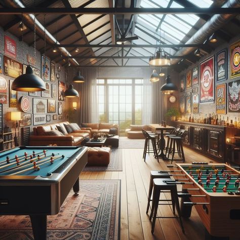 Industrial Rec Room, Tv Room With Pool Table, Rustic Basement Game Room Ideas, Rec Room Inspiration, Loft Gameroom Ideas Upstairs, Pool Tables Rooms Ideas, Garage Turned Game Room, Modern Farmhouse Game Room, Ultimate Game Room