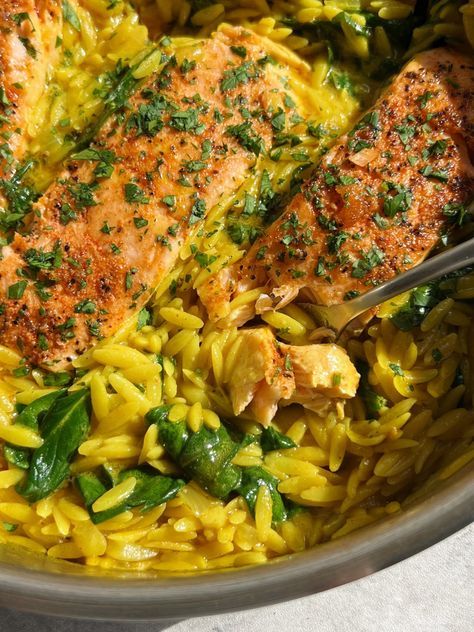 One-Pan Creamy Coconut Orzo and Salmon - Something Nutritious Something Nutritious Salmon, Health Fish Recipes, Orzo And Salmon Recipes, Coconut Salmon Recipes, Autumn Salmon Recipes, Coconut Orzo, One Pan Salmon And Orzo, Salmon And Orzo Recipe, Fish And Veggie Recipes