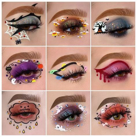 Graphic Halloween Makeup, Halloween Makeup Eye Looks, Halloween Inspired Makeup Eye, Halloween Inspired Makeup Looks, Cute Halloween Eyeshadow, Halloween Theme Makeup, Halloween Make Up Ideas Creative, Cute Halloween Eye Makeup, Skeleton Eye Makeup