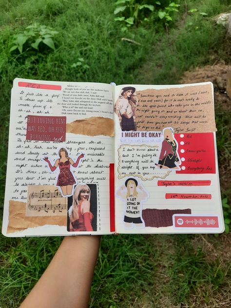 Red Journaling Ideas, Taylor Swift Red Scrapbook, Scrapbook Journal Taylor Swift, Taylor Swift Journaling, Red Journal Ideas, Taylor Swift Scrapbook Ideas, Taylor Swift Journal Pages, Taylor Scrapbook, Taylor Swift Journal Ideas