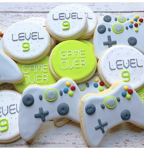 Gaming Royal Icing Cookies, Level Up Cookies Decorated, Gaming Birthday Cookies, Video Game Cookies Decorated, Gaming Cookies Decorated, Gamer Cookies Decorated, Playstation Cookies, Gaming Cookies, Video Game Cookies