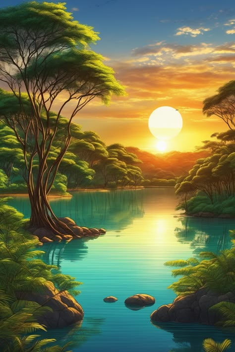 A sunset over a body of water, very beautiful forest of acacia trees at the waters edge, exotic trees, night, by Melak Mk Beautiful Paintings Of Nature, Beautiful Landscape Paintings, Beach Art Painting, Remain Calm, Beautiful Landscape Photography, Soyut Sanat Tabloları, Beautiful Art Pictures, Moon Painting, Landscape Art Painting