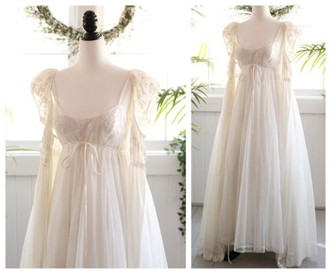 Vintage Peignoir, Nightgown And Robe, Bridal Honeymoon, Full Gown, Peignoir Sets, Cottagecore Dress, Gowns With Sleeves, Chiffon Skirt, Puffy Sleeves