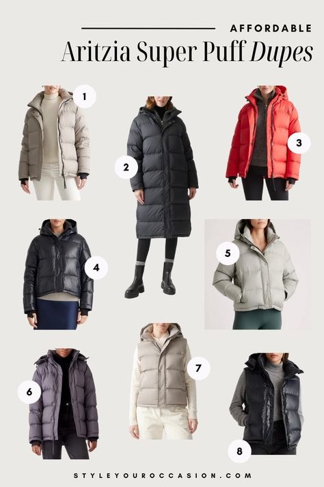 You’ll want to see this list of Aritzia Super Puff dupes and look-alikes for less including the mid length, long puffer, shorty, and vest in black, shiny, modern taupe, and more! Don’t break the bank with an Aritzia super puff outfit and wear a dupe! Aritzia Puffer Jacket Outfit, Puff Jackets Women Outfit, Super Puff Outfit, Puff Outfit, Aritzia Puffer Jacket, Super Puff Aritzia, Super Puff Vest, Super Puff Long, Super Puff Shorty