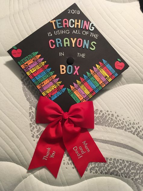 Teacher graduation cap!   Elementary Teacher Graduation Cap Crayons Crayons Decoration, Elementary Teacher Graduation Cap, Graduation Cap Designs Teacher, Graduation Cap Decoration Teacher, Teacher Graduation Party, Education Graduation Cap, Teacher Graduation Cap, Education Graduation, Elementary Graduation