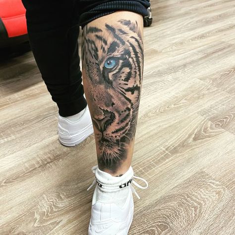 Realism realistic tiger tattoo design ona a womans calf tattoo Realistic Tiger Tattoo Design, Tiger Tattoo For Women, Realistic Tiger Tattoo, Calf Tattoos For Women, Calf Tattoo Men, Thigh Tattoo Men, Tiger Tattoo Design, Wolf Tattoo Design, Calf Tattoo