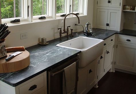 Soapstone Countertops Kitchen, Soapstone Kitchen, Soapstone Counters, White Farmhouse Sink, Kitchen Cabinet Kings, Outdoor Kitchen Countertops, Soapstone Countertops, Light Wood Cabinets, Kitchen Countertop Materials