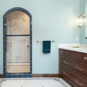 Tile Around Arched Doorway, Tile Shower With Arch, Arched Shower Door Opening, Tile Arch Bathroom, Arch Bathroom Door, Tiled Arch, Tile Arch, Arched Doorways, Small Shower Room